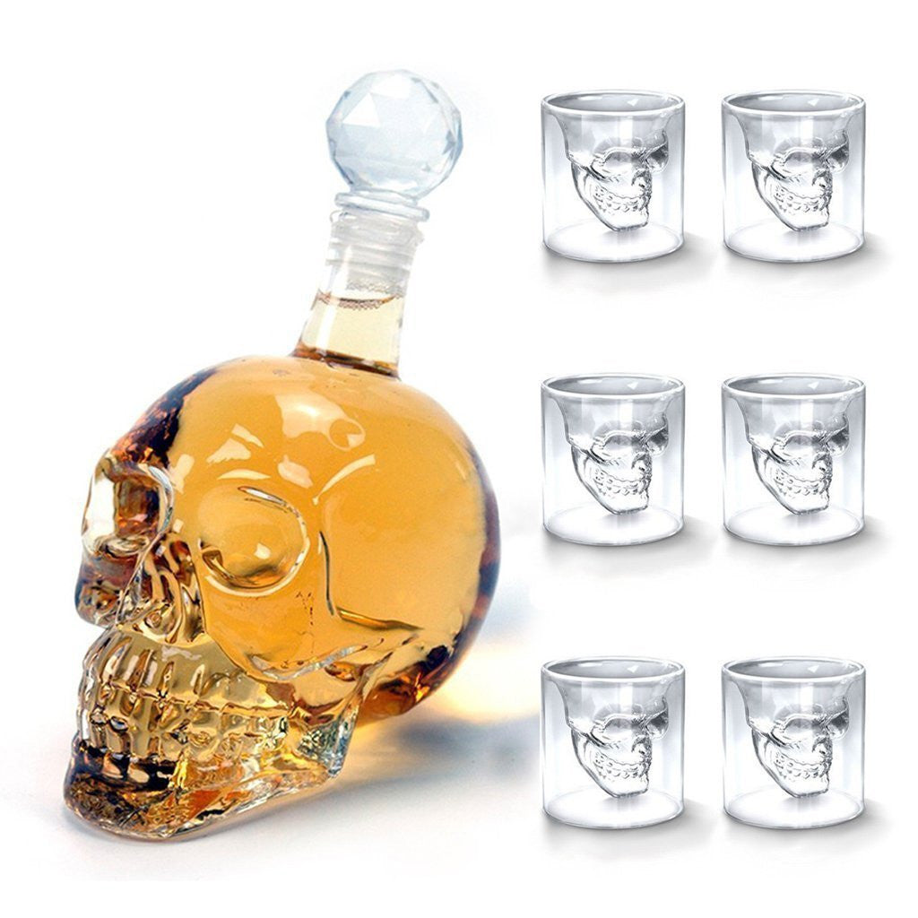 Skull Carafe Decanter & 6 Shot Glasses