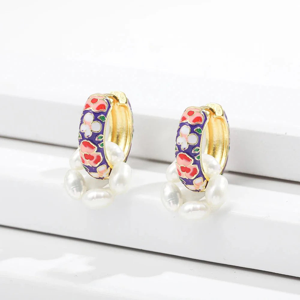 Floral Elegance Pearl Enamel Hoop Earrings