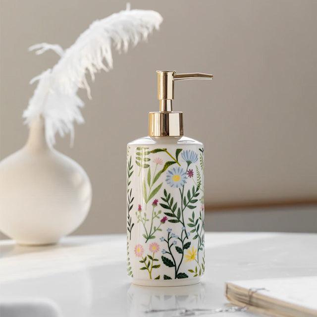 Soap dispenser made of ceramic with floral design
