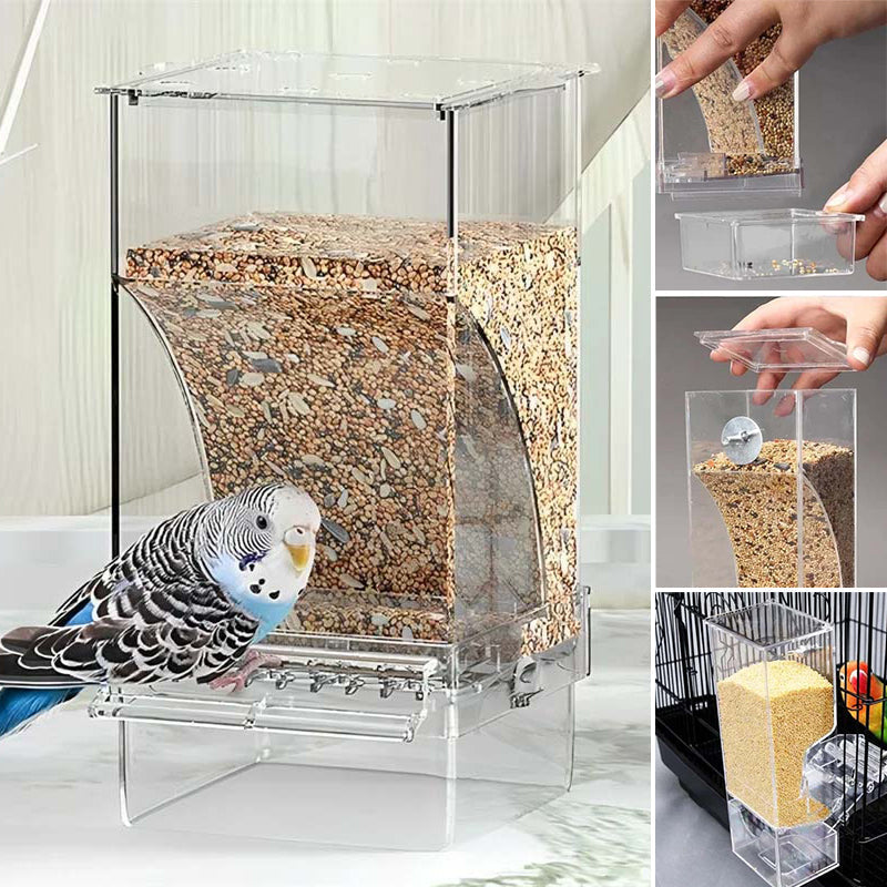 Automatic transparent bird feeder without spills