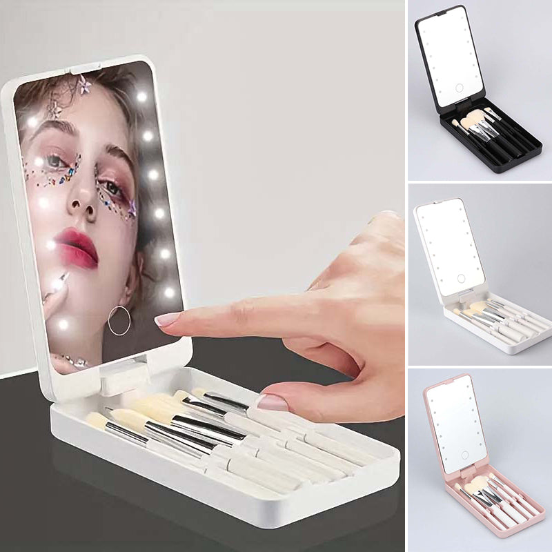 Travel makeup brush set with LED light mirror