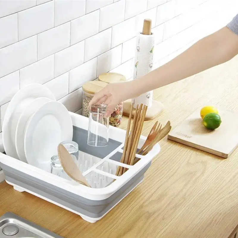 Foldable Dish Rack Kitchen Storage and Drain Tray for Tableware