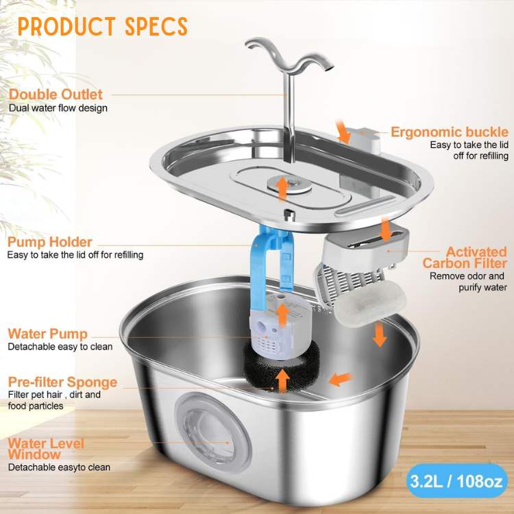 Cat Water Fountain made of Stainless Steel – Quiet, Hygienic and BPA-free – 2L Capacity