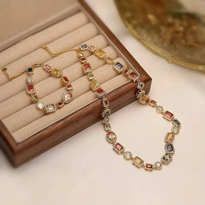 Geometric Zircon Jewelry Set – Modern Gold-Plated Necklace & Earrings