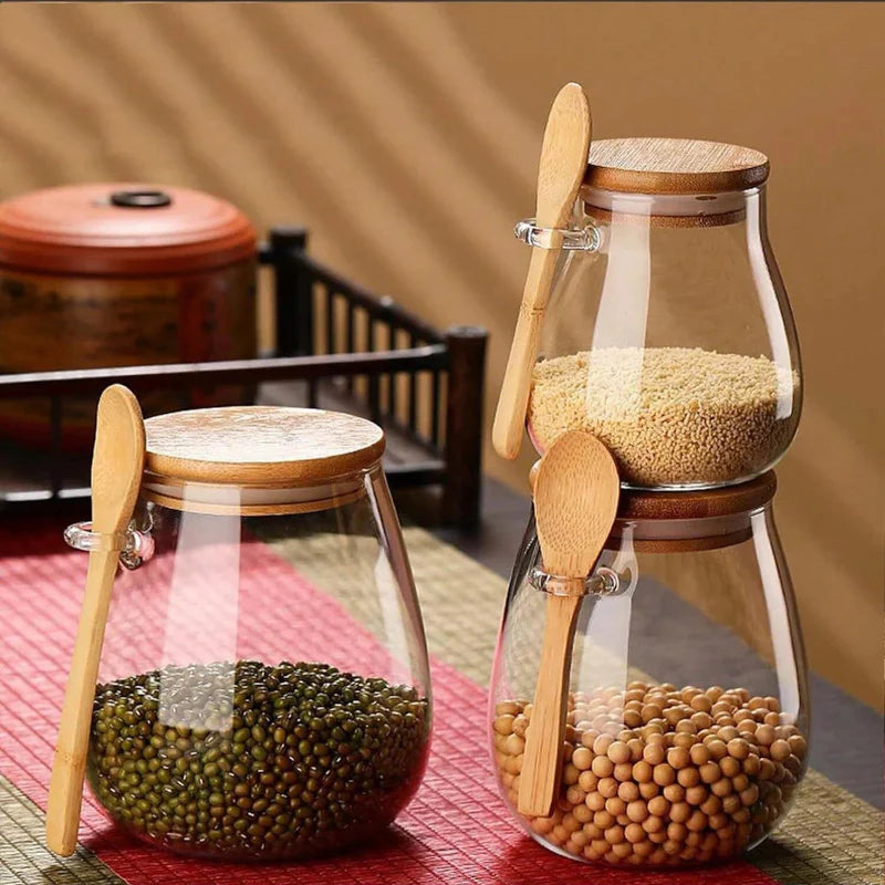 Glass Food Storage Jar with Airtight Wooden Lid and Spoon Container