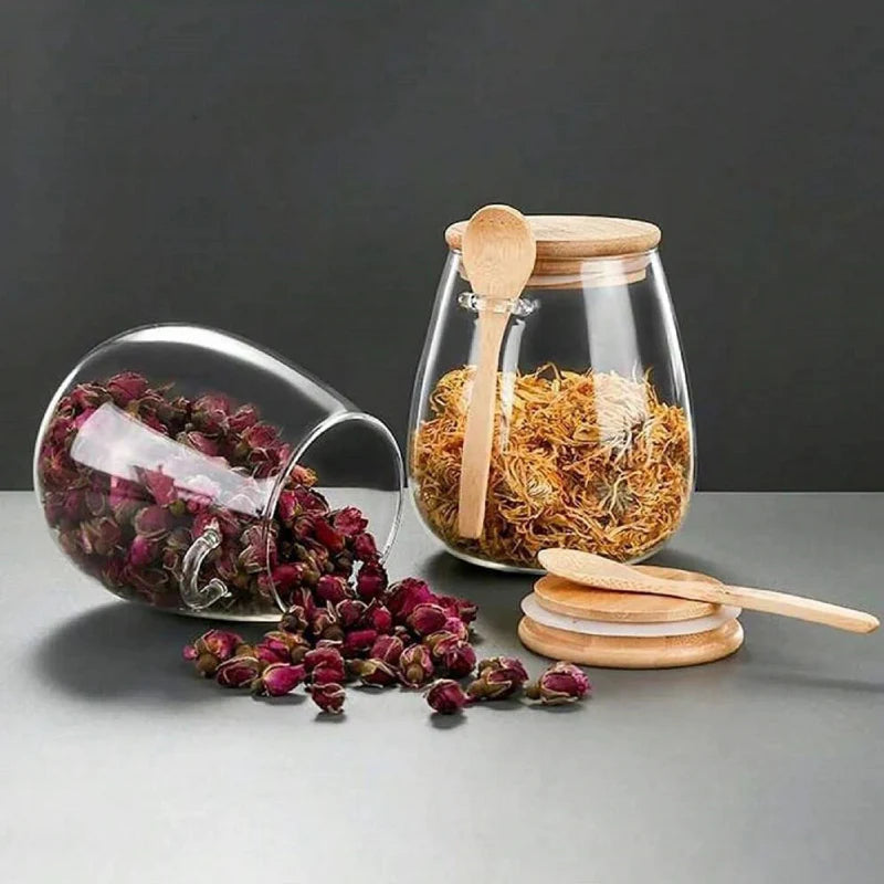 Glass Food Storage Jar with Airtight Wooden Lid and Spoon Container