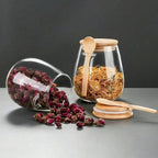 Glass Food Storage Jar with Airtight Wooden Lid and Spoon Container