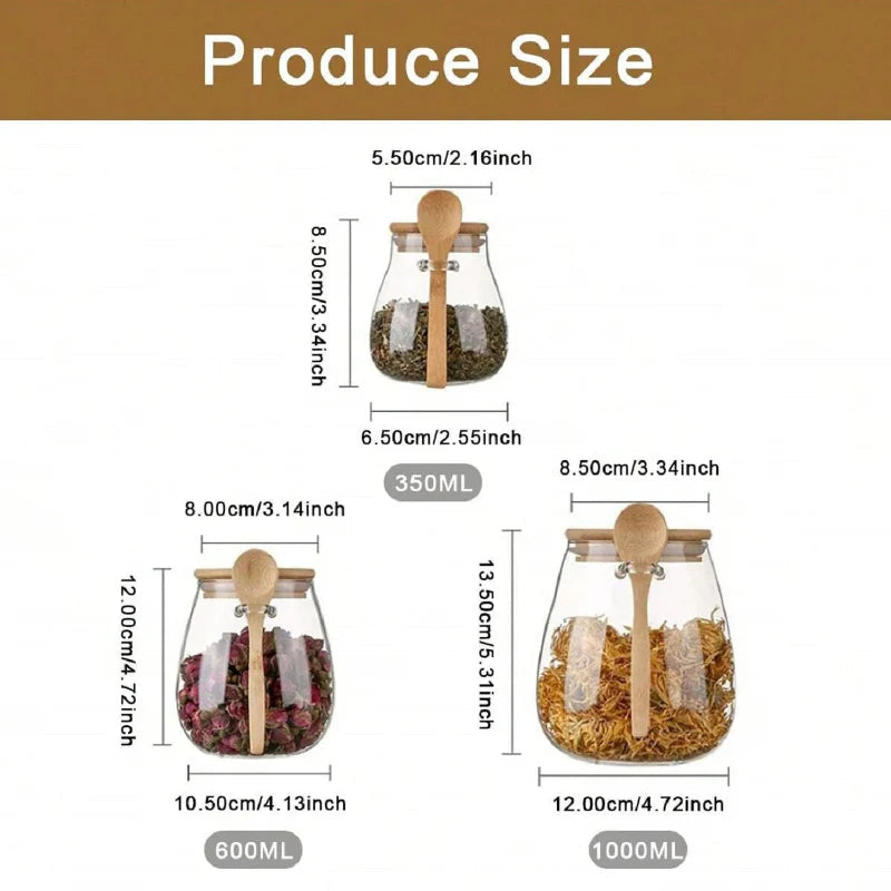 Glass Food Storage Jar with Airtight Wooden Lid and Spoon Container