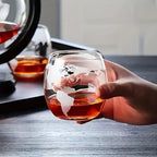 Glass Whiskey Decanter Set with Wooden Stand Etched World Ball Design