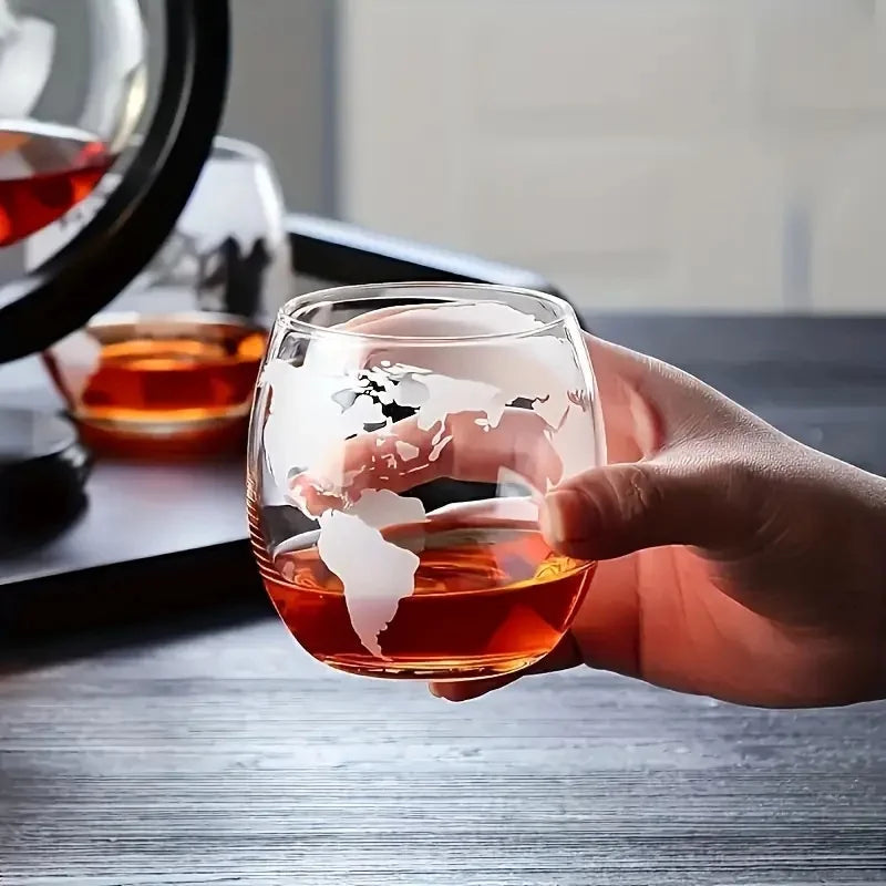 Glass Whiskey Decanter Set with Wooden Stand Etched World Ball Design