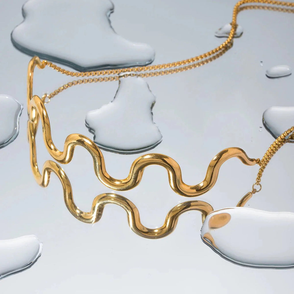 Gold Wavy Statement Bracelet and Necklace