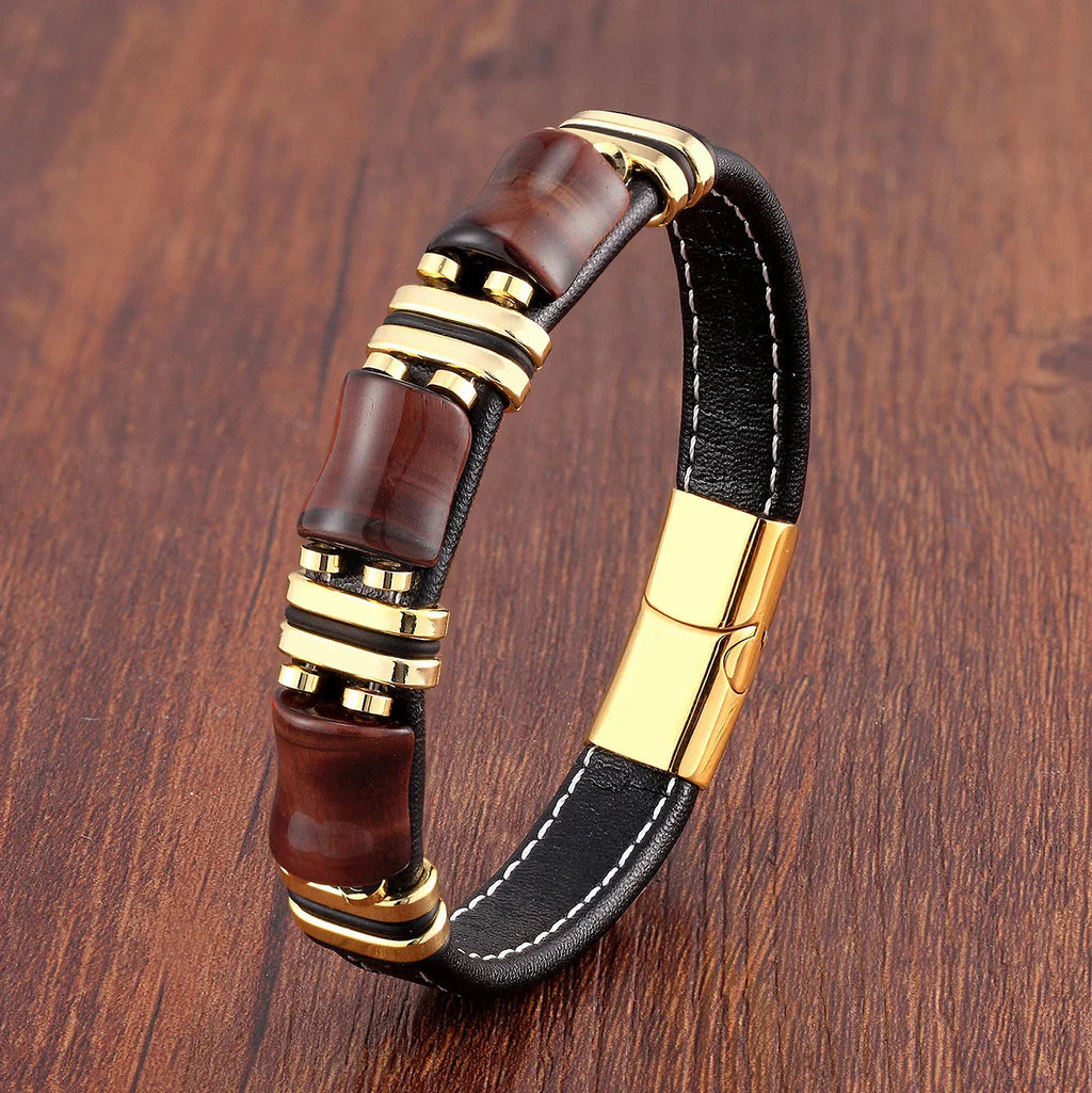 Bracelet Leather Gold | Tiger Eye Beaded Men’s Jewelry