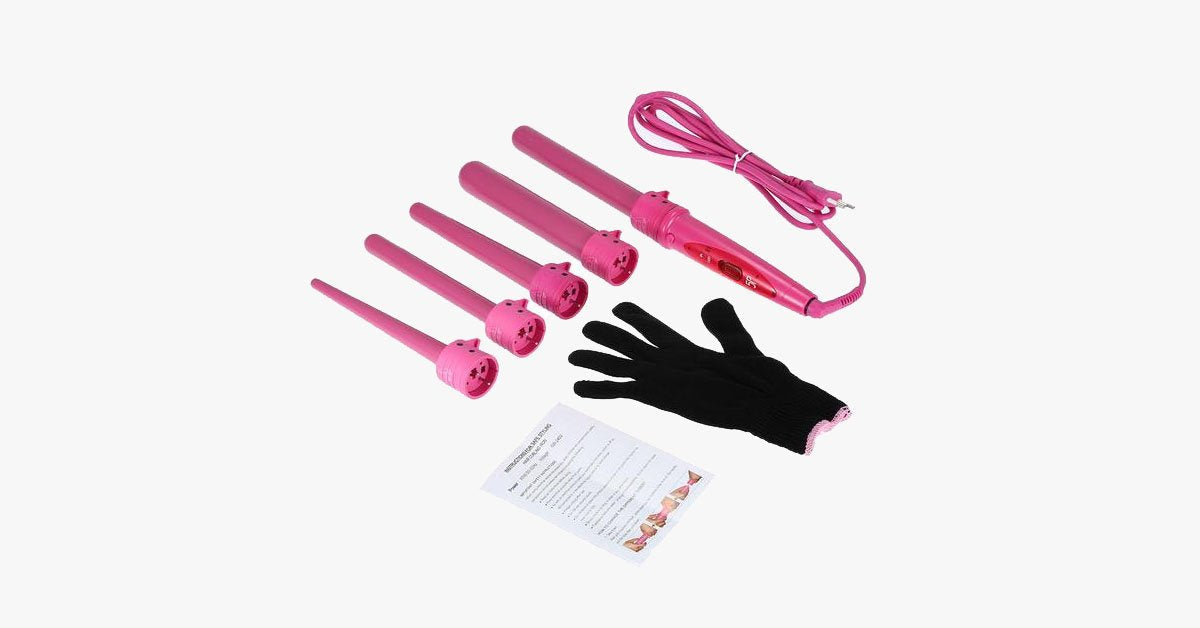 Achieve the salon look with the curling iron set and the heat-resistant glove