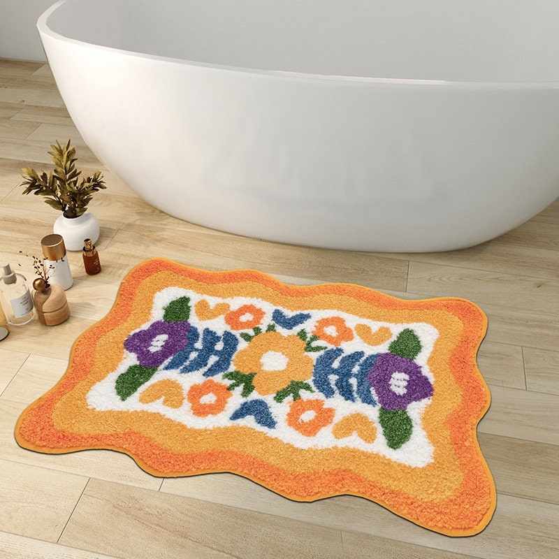 Colorful Flower Bathroom Mat, Orange Flora Soft Bathroom Rug, Woven Bath Mat, Purple Tulip Water-Absorbent Non-Slip Bath Mat