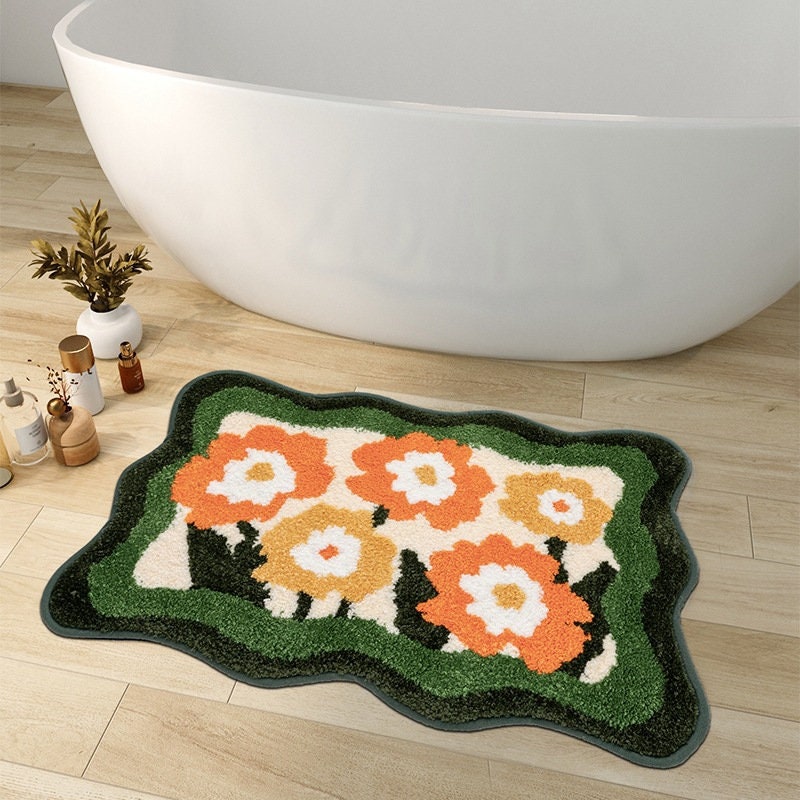 Colorful Flower Bathroom Mat, Orange Flora Soft Bathroom Rug, Woven Bath Mat, Purple Tulip Water-Absorbent Non-Slip Bath Mat
