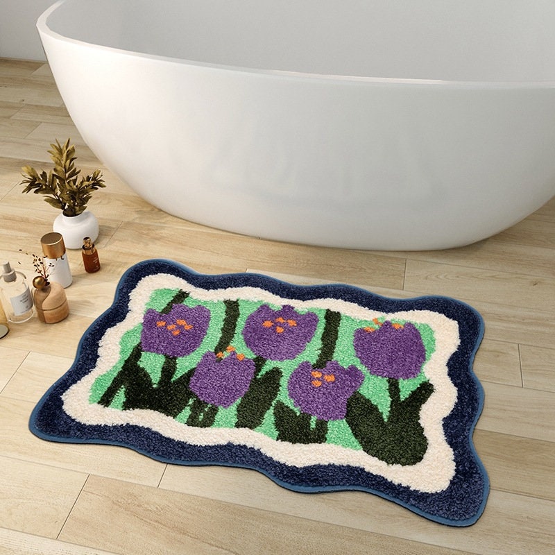 Colorful Flower Bathroom Mat, Orange Flora Soft Bathroom Rug, Woven Bath Mat, Purple Tulip Water-Absorbent Non-Slip Bath Mat