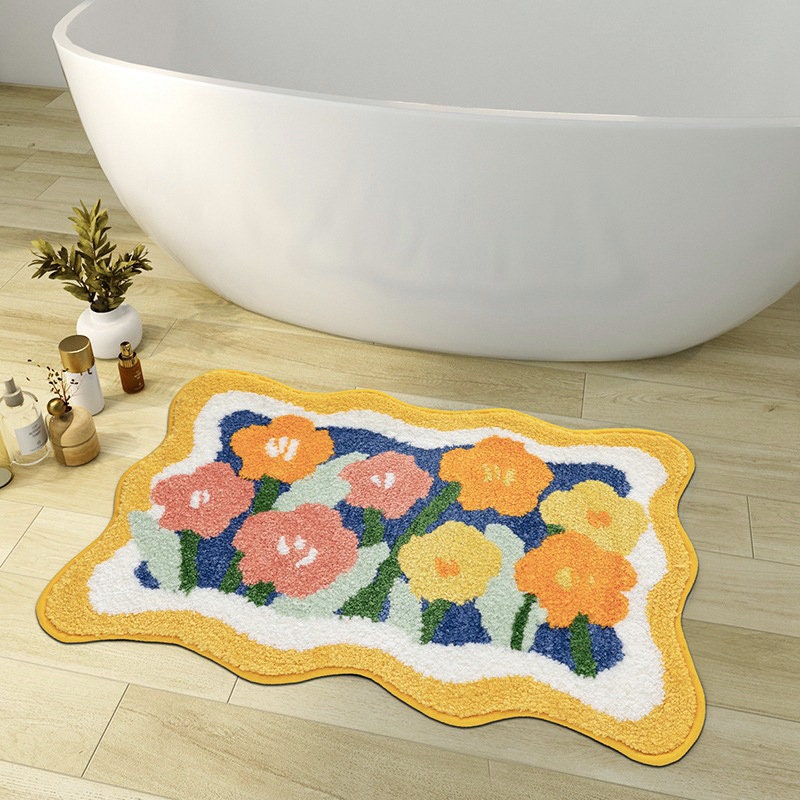 Colorful Flower Bathroom Mat, Orange Flora Soft Bathroom Rug, Woven Bath Mat, Purple Tulip Water-Absorbent Non-Slip Bath Mat