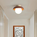 Ceiling lamp with a milk glass shade providing warm lighting in the hallway