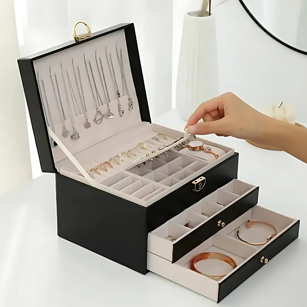 Multi-Layer Leather Jewelry Organizer with Plush Lining for Rings and Necklaces