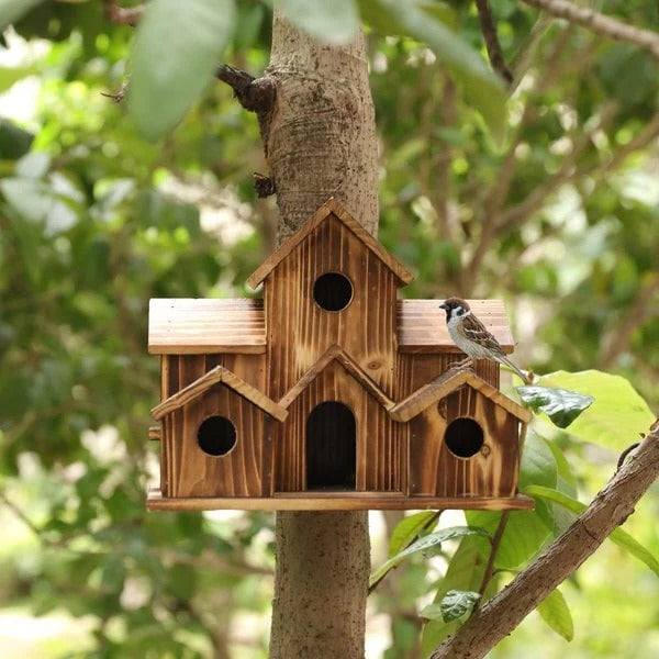 Handcrafted Wooden Birdhouse Tree Birdhouse with 6 Holes