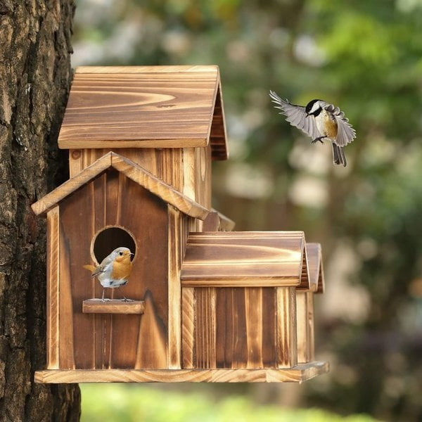 Handcrafted Wooden Birdhouse Tree Birdhouse with 6 Holes