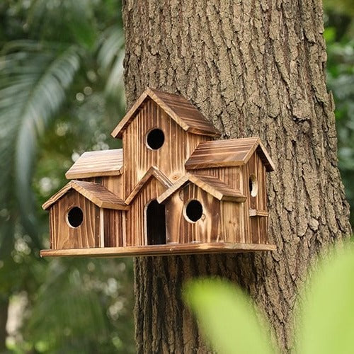 Handcrafted Wooden Birdhouse Tree Birdhouse with 6 Holes