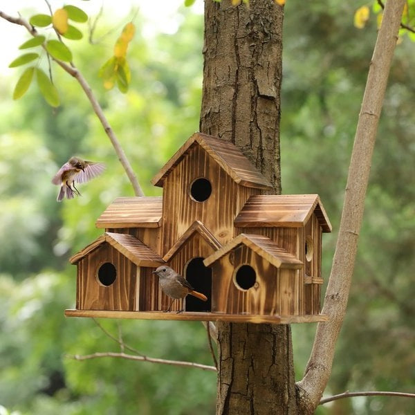 Handcrafted Wooden Birdhouse Tree Birdhouse with 6 Holes