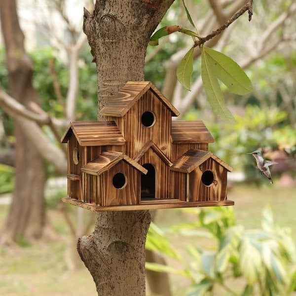 Handcrafted Wooden Birdhouse Tree Birdhouse with 6 Holes