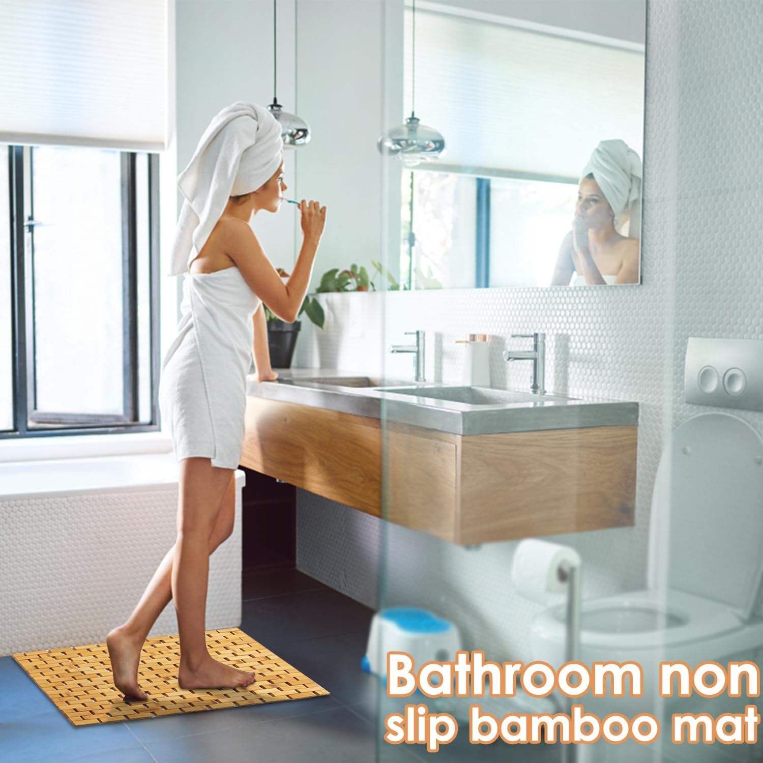 Bamboo Bath Mat Non-Slip Water Repellent Runner Rug For Bathroom Natural Wood Bathroom Shower Rug Non-Slip Fabric