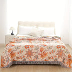 Boho Floral Cotton Throw Blanket with Fringe – Cream & Orange
