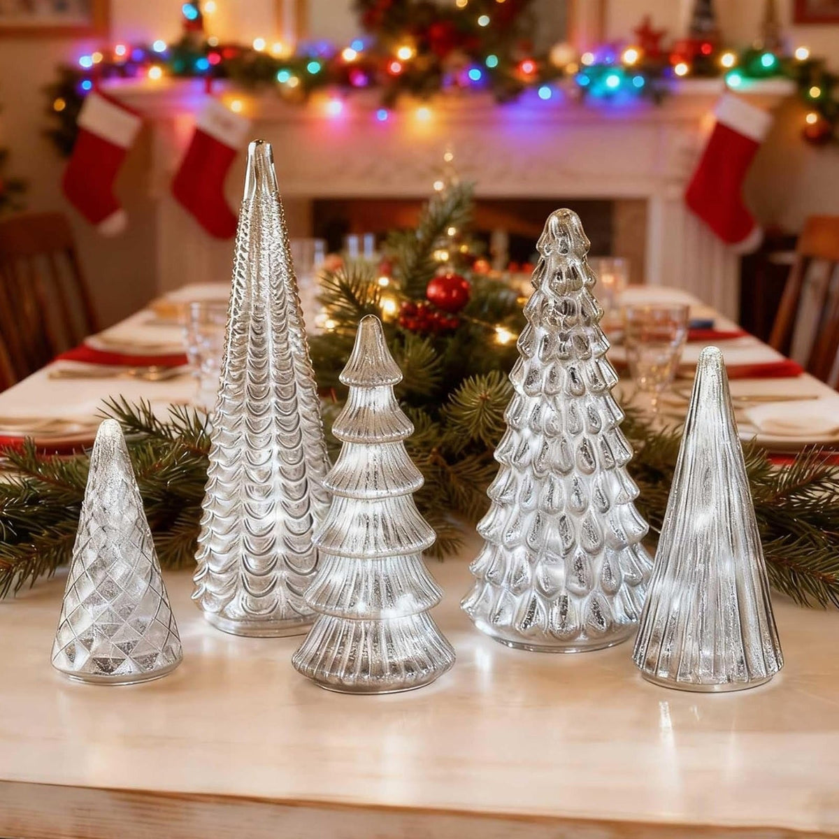 GlansPine LED Pine Set – 5-piece Silver Christmas Decoration with Warm Light