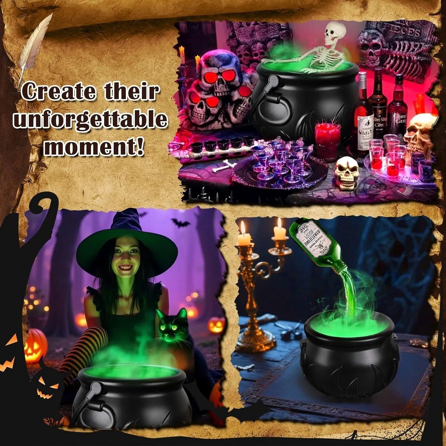 Cauldron decoration – with floating magic bottle & fog effect