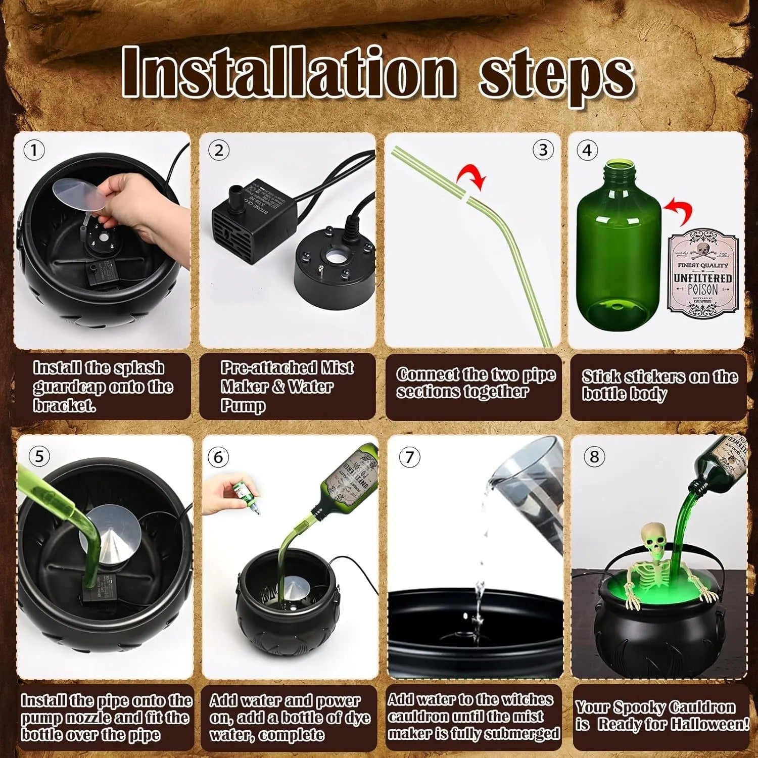 Cauldron decoration – with floating magic bottle & fog effect