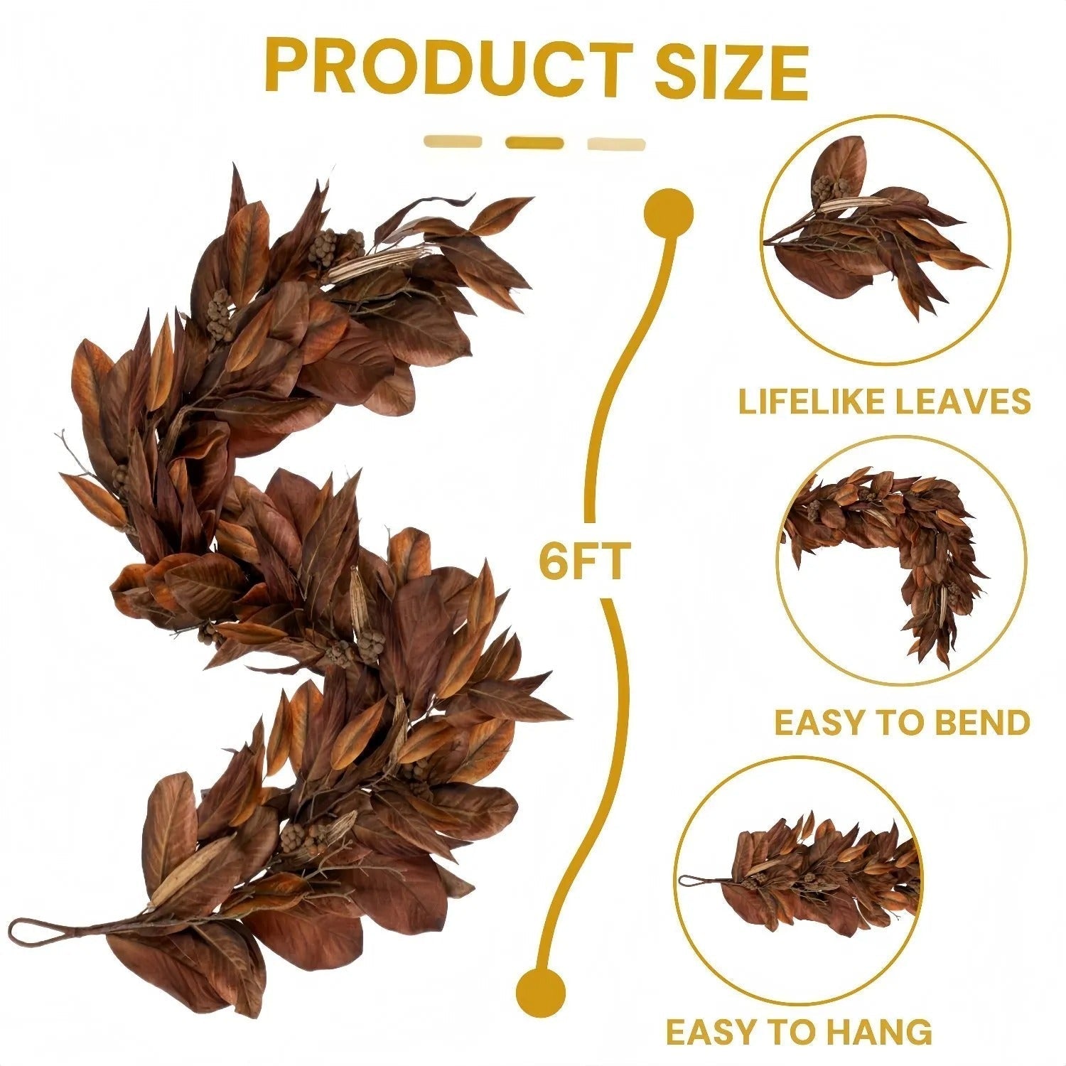 Brown Magnolia Leaf Garland – realistic autumn decoration for indoor and covered outdoor areas
