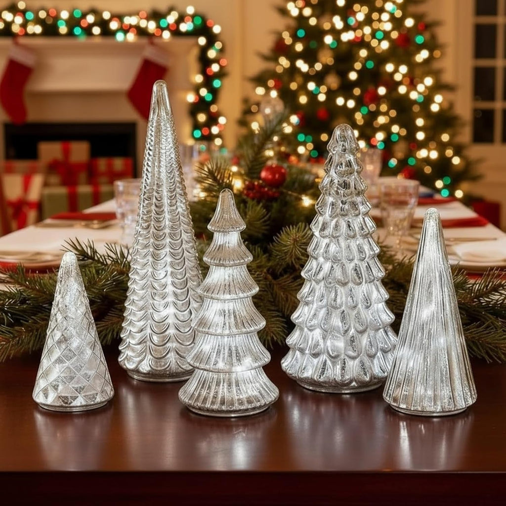 GlansPine LED Pine Set – 5-piece Silver Christmas Decoration with Warm Light