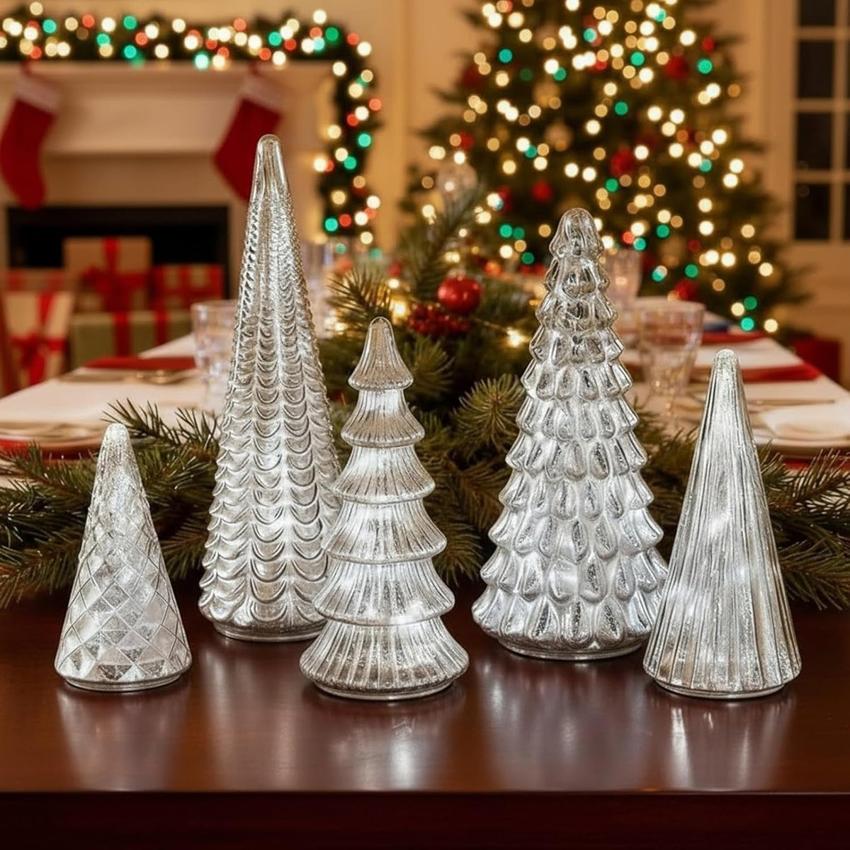 GlansPine LED Pine Set – 5-piece Silver Christmas Decoration with Warm Light