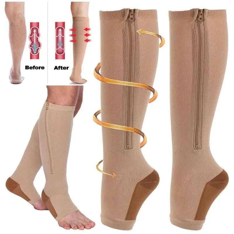 Compression stockings with zipper for improved circulation
