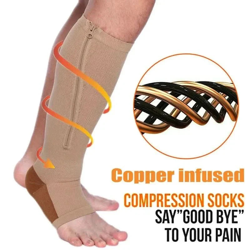 Compression stockings with zipper for improved circulation