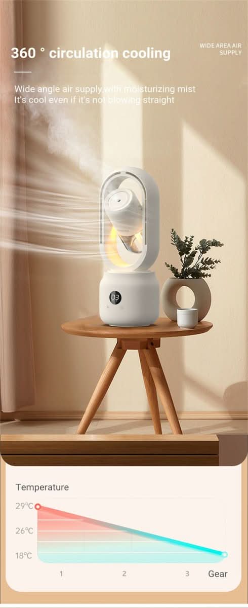 Portable fan without blades with humidifier and night light for refreshing comfort
