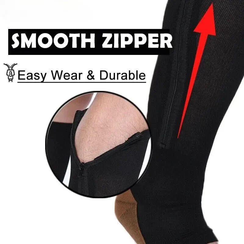Compression stockings with zipper for improved circulation