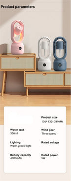 Portable fan without blades with humidifier and night light for refreshing comfort