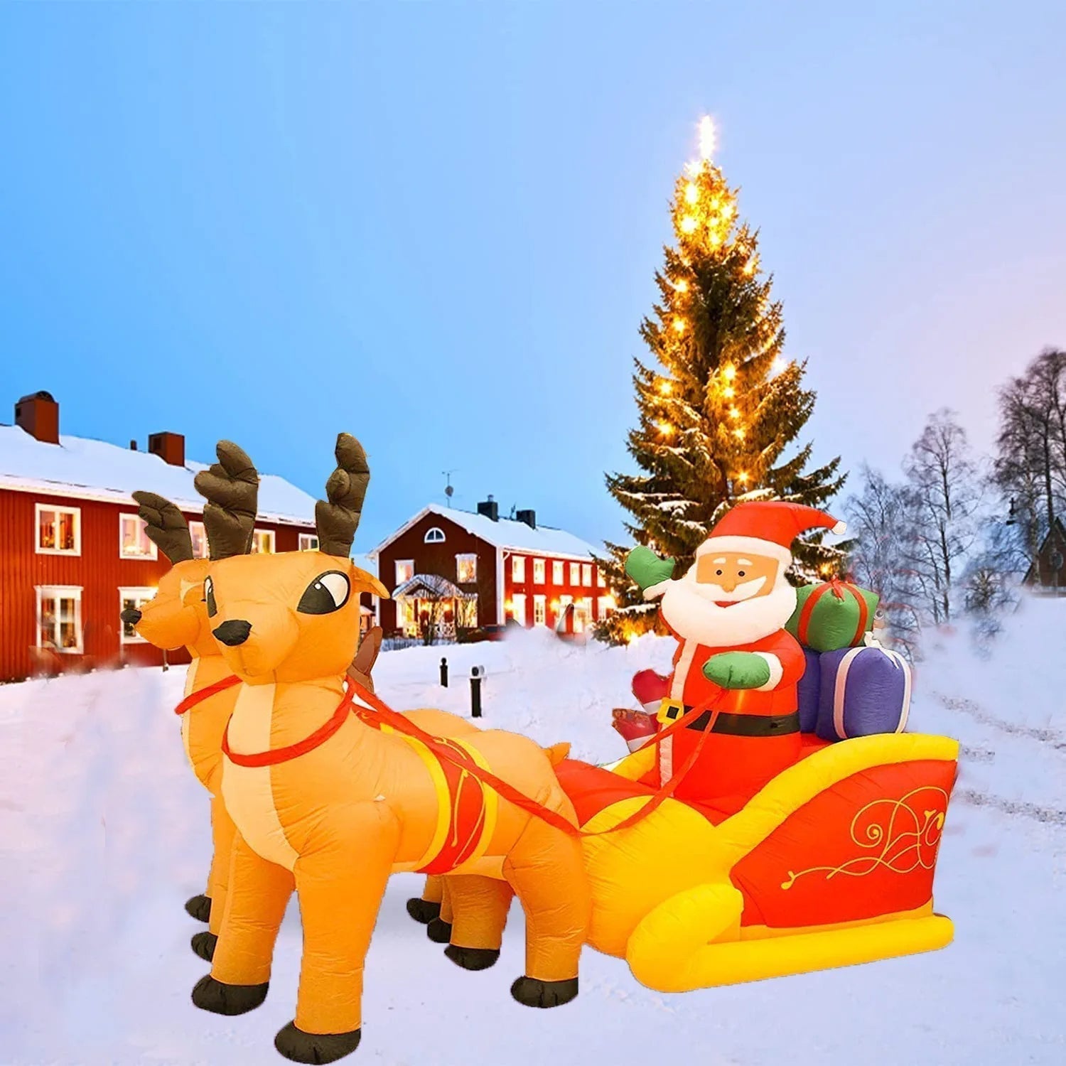 Inflatable Santa Claus Christmas Decor - Inflatable Santa on Sleigh with Reindeer Holiday Decoration