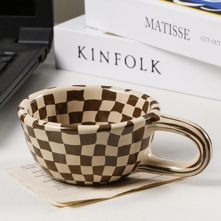 Irregular checkered ceramic mug