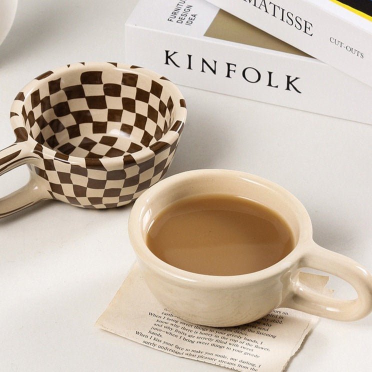 Irregular checkered ceramic mug
