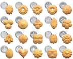 Cookie press made of stainless steel with attachments for creative cookies and pastries