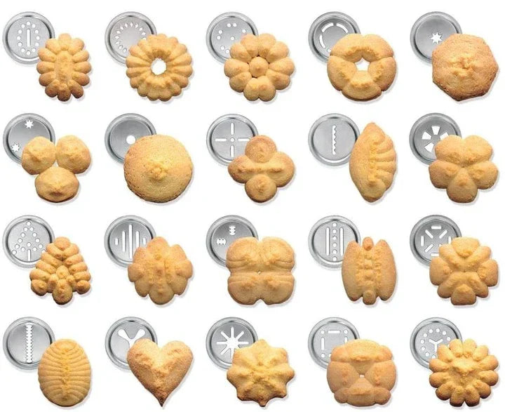 Cookie press made of stainless steel with attachments for creative cookies and pastries