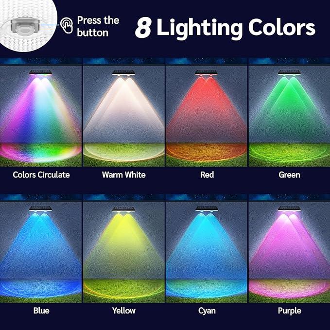 Solar fence lights outdoor warm white & RGB changing solar deck lights, LED solar lights for outdoor wall railing terrace stairs step garden backyard