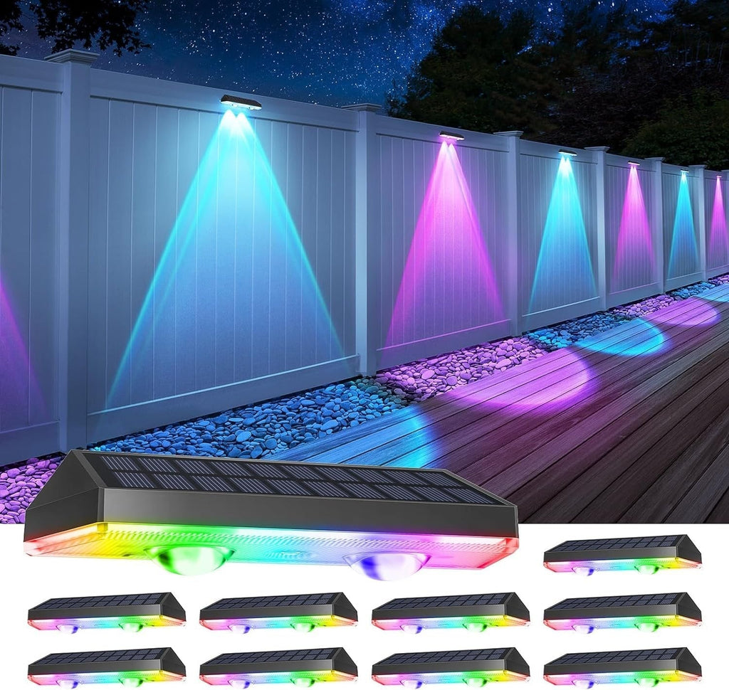 Solar fence lights outdoor warm white & RGB changing solar deck lights, LED solar lights for outdoor wall railing terrace stairs step garden backyard