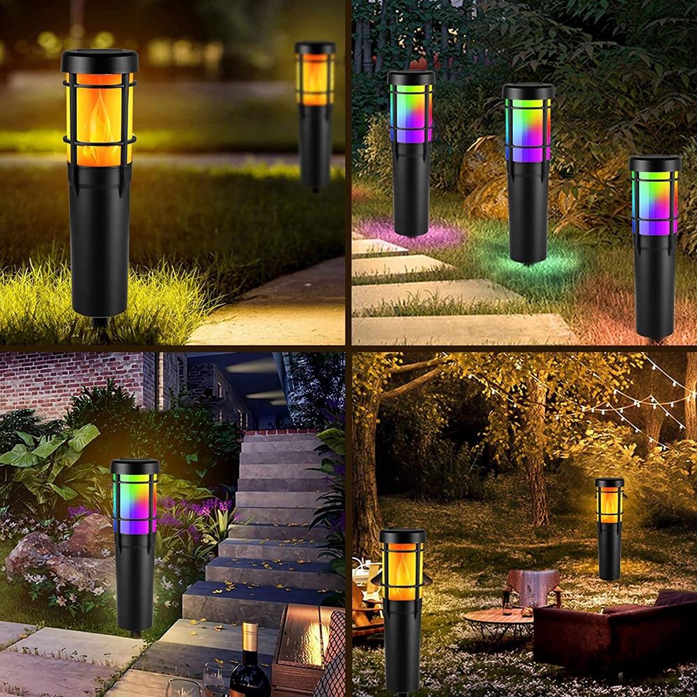Solar Path Lights for Outdoor Use, with Flickering Flame and RGB Color Changing, LED Solar Outdoor Lights for Yard, Garden, Path, Lawn - IP65 Waterproof
