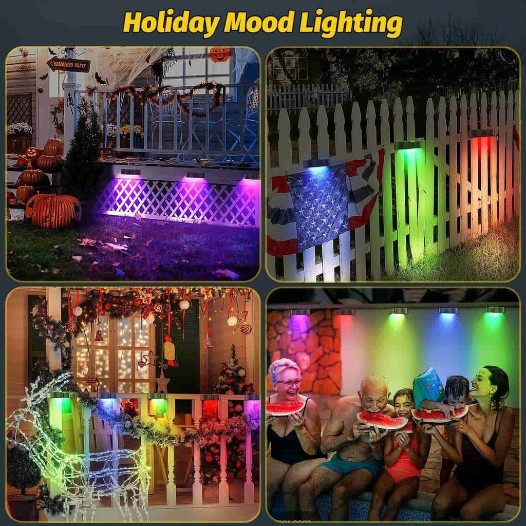 Solar fence lights outdoor wall lights Waterproof IP65, Warm white & RGB 8 specific fixed colors for fence wall step deck patio
